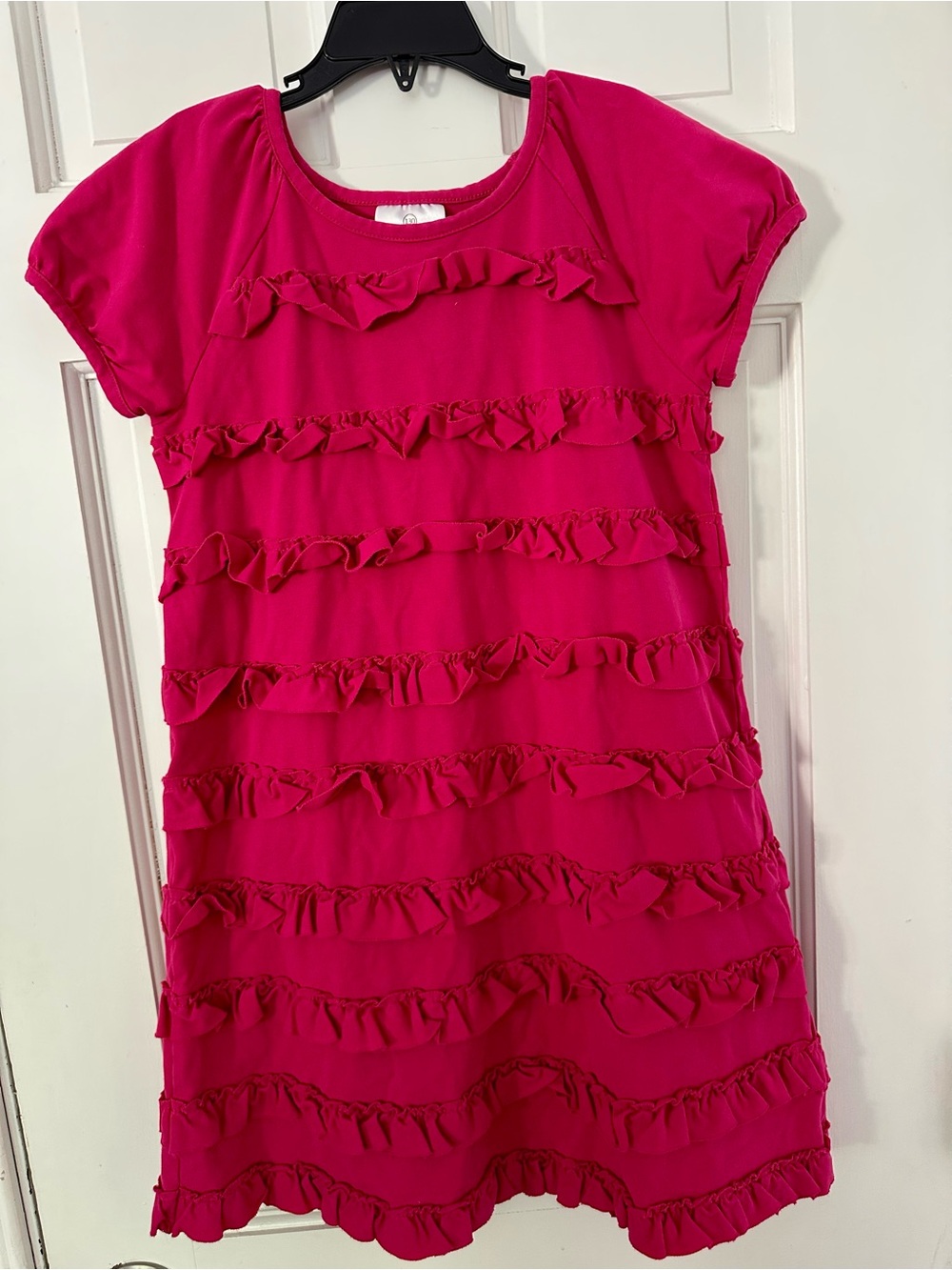 Hanna Andersson Bright Pink Ruffled Short Sleeve Girls Cottom Dress Sz 8